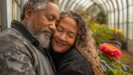 Mature Diverse Couple Enjoying Time in Greenhouse
