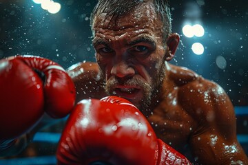Action-packed image of a boxer in defense stance, red gloves raised, face obscured, with visible droplets of sweat