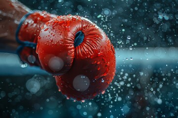 Naklejka premium A dynamic close-up of a red boxing glove making contact with the surface, surrounded by water droplets