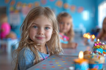 Cute girl at her birthday with lit candles on cake and focused attention