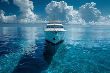 An elegant luxury yacht cruising on the open sea under a sky filled with beautiful clouds,...