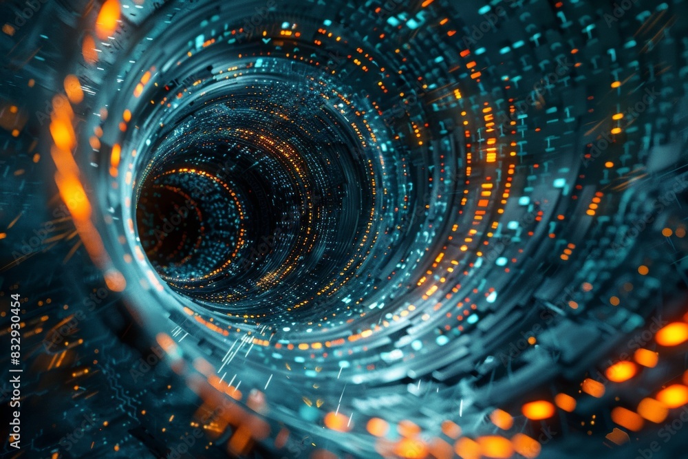 Poster a digital vortex with swirling glitches, fragments of code and data spiraling towards its corrupted 
