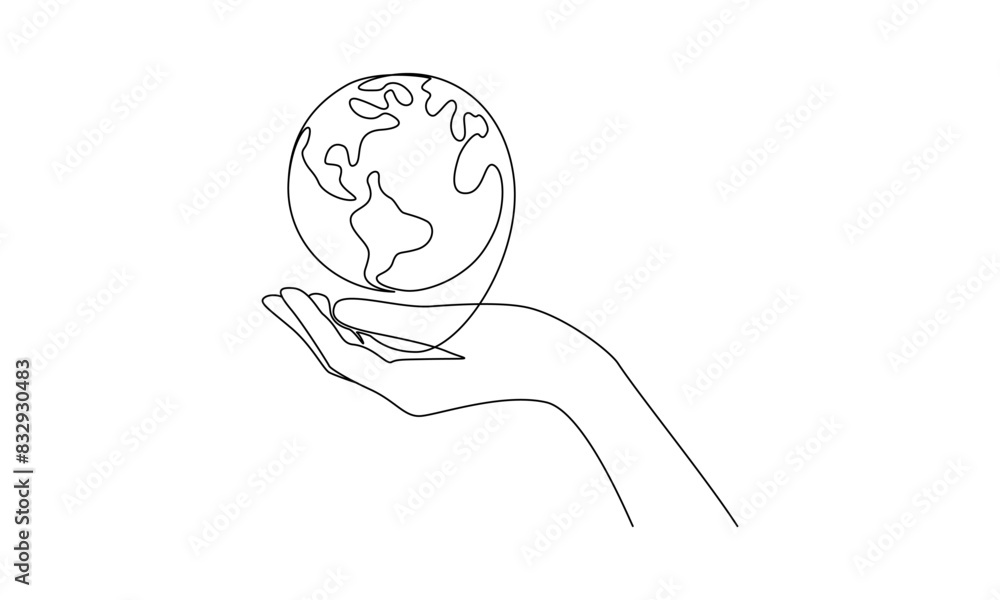 Poster one continuous line drawing of hand and earth globe. world environment day poster in simple linear s