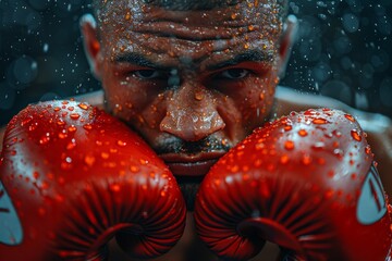 Close-up image of red boxing gloves with water droplets under blue lighting