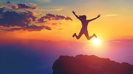 Fototapeta premium The successful woman feels immense joy when she reaches her objective, jumping on top of the mountain with arms open to welcome the new day as the sunrise illuminates her achievements
