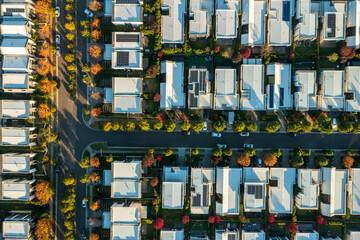 Top town aerial view of streets with autumn colours lined with modern Australian homes in Sydney's outer suburbs