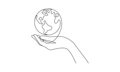 One continuous line drawing of hand and earth globe. World environment day poster in simple linear style. Protect and save planet concept in editable stroke. Doodle contour vector illustration