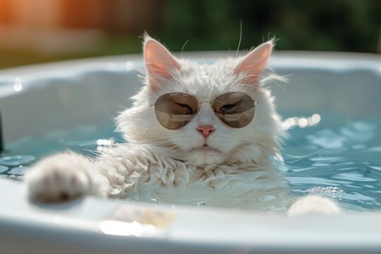 Relaxed White Cat Lounging in Hot Tub with Sunglasses, Playful Bubble Bath Scene