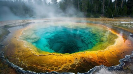 A hot spring bubbling and steaming in a geothermal landscape, vibrant mineral colors