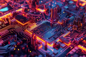 Obraz premium A macro view of a computer chip, its intricate pathways and components resembling a futuristic cityscape, photorealistic