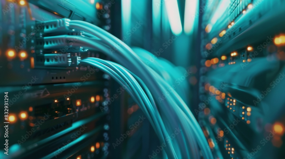 Poster a network cable snaking through a server rack, close-up macro shot with shallow depth of field