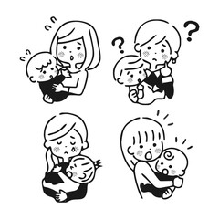 色々なお母さんと赤ちゃんのイラスト　ネガティブ
