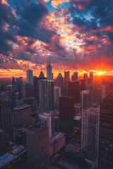 Fototapeta premium A panoramic view of a city skyline at sunset, skyscrapers bathed in golden light, clouds ablaze with color