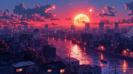 Obraz premium City painting with a beautiful sunset