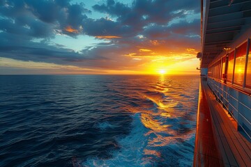 Warm sunset hues reflect on the cruise ship balcony, creating a peaceful and inviting maritime scene