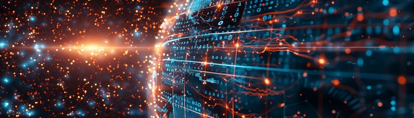 Obraz premium A computer screen with a glowing orange line that is surrounded by a blue and orange background. Concept of technology and innovation, with the glowing line representing the power