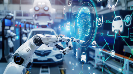 Robot interfaces with AI in automated car factory setting