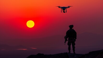 Fototapeta premium A small tactical drone hovering above a lone soldier silhouetted against a dramatic sunset