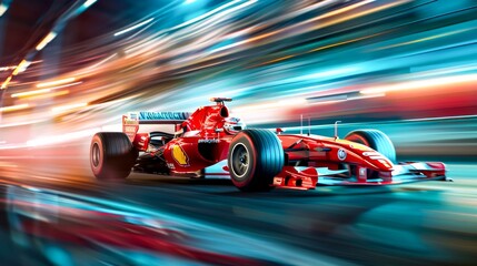 A Formula 1 red race car races through a tunnel at high speed