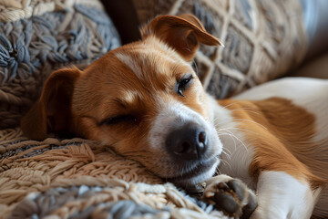 A cute jack russell terrier puppy with folded ears is sleeping on the couch and examining the camera with curiosity. It is a close-up portrait of a domestic animal in a cozy home environment.