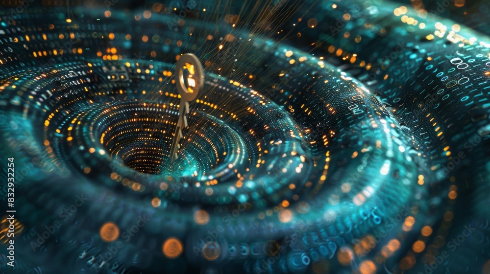 Poster a digital vortex with swirling glitches, fragments of code and data spiraling towards its corrupted 