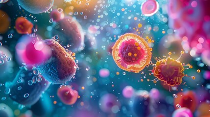 A colorful image of bacteria and viruses floating in a blue background. The bacteria and viruses are in various shapes and sizes, with some being larger and others smaller
