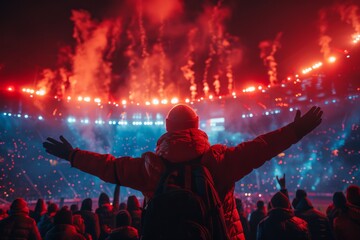 A person is captured from behind with their arms raised, embracing the vibrant atmosphere of a stadium event with flares lighting up the night