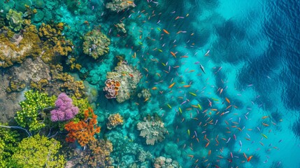 Fototapeta premium A vibrant coral reef teeming with colorful fish, visible from above through the crystal-clear turquoise water