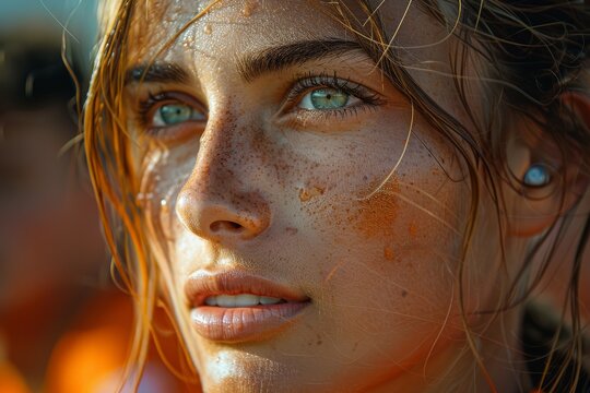 Young sandy-haired woman with an intense stare and sun-kissed skin