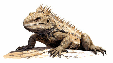 Obraz premium Captivating image of a tuatara, a living fossil with ancient reptilian traits, sunbathing against a clean backdrop.