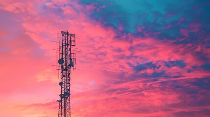 Fototapeta premium A tall tower with antennas is silhouetted against a pink and purple sky. The tower is surrounded by clouds, which add to the moody atmosphere of the scene. The colors of the sky