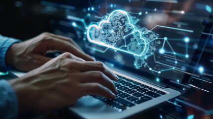 A person is typing on a laptop with a cloud on the screen. Concept of technology and the importance of data storage. Scene is focused and professional