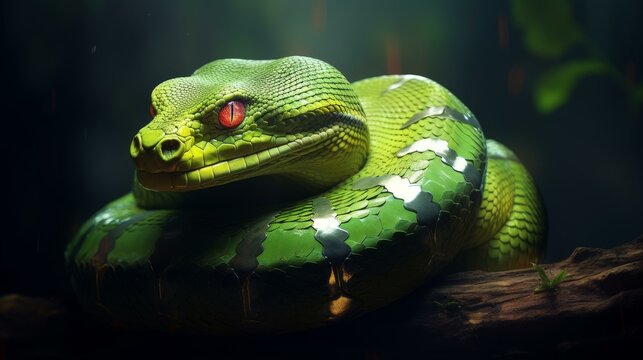 Colorful artwork of a green tree python coiled around a branch, with shimmering scales in a clean, bright setting.