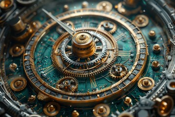 Obraz premium An intricate, clockwork-inspired lock mechanism, interlocking gears and coded symbols representing the complexities of encryption, photorealistic