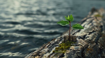 A tough small plant thriving at the tip of a weathered overturned log in the midst of a body of water - Powered by Adobe