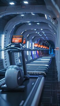 A futuristic treadmill in a blue-lit corridor, evoking advanced technology or a sci-fi setting
