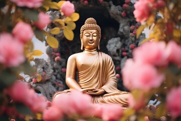 Golden Buddha Statue Amidst Blooming Pink and White Flowers