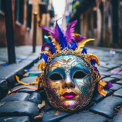 vibrant carnival mask lying on cobblestone street festive mardi gras celebration