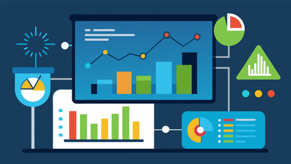 Detailed graphs and charts are displayed on a projector illustrating the current energy usage trends and potential for improvement.. Vector illustration