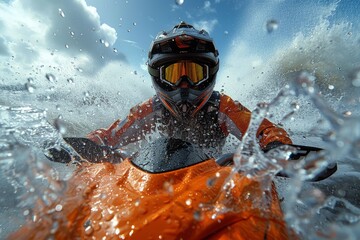 A dramatic close-up of a jet ski rider speeding, water droplets in the air, reflecting the thrill