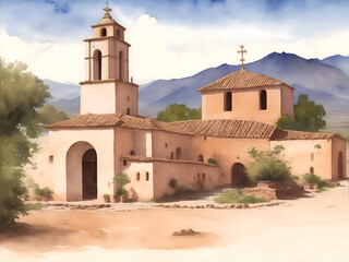 Fototapeta premium Jesuit Missions of Chiquitos Bolivia Country Landscape Watercolor Illustration Art 