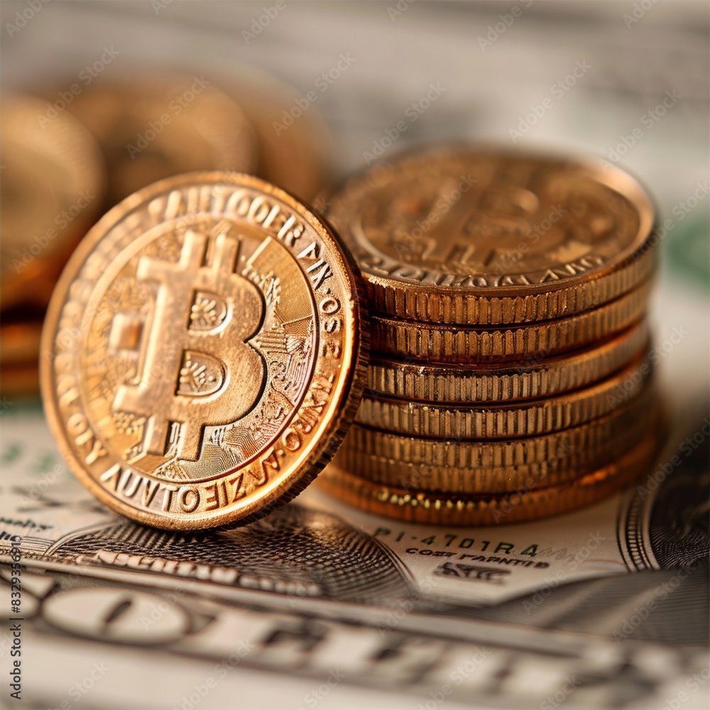 Poster a stack of golden bitcoin cryptocurrency coins on a background of u.s. dollars symbolizing the digit