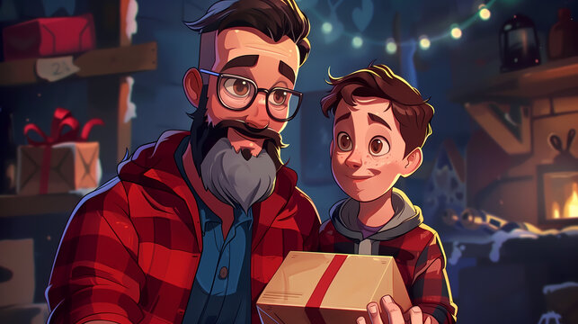 A son giving his Father a gift on Father's Day, cartoon Father's Day card