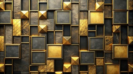 Luxurious and contemporary abstract geometric wall background with gold and black textures, elegant square and rectangle pattern