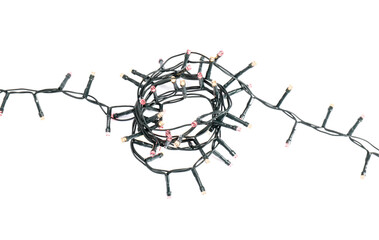 Beautiful Christmas lights on white background, top view