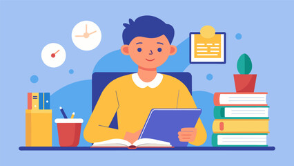 An adult student sitting at a desk determinedly studying grammar and vocabulary determined to improve their reading and writing skills.. Vector illustration