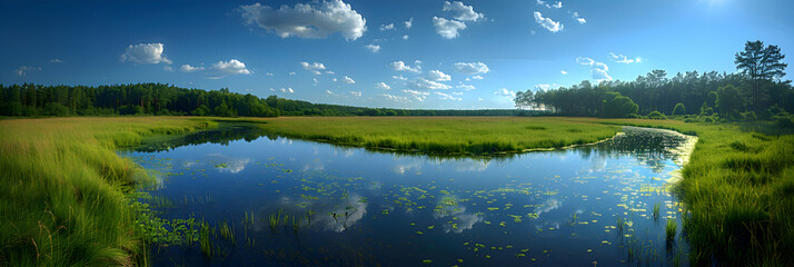 A panoramic view of a nature fen, the calm water and lush surroundings creating a serene atmosphere