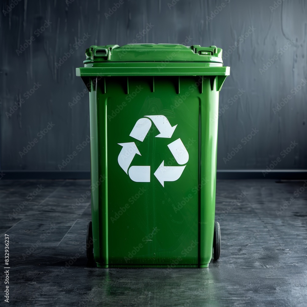 Poster a green recycle bin with a white recycle symbol on a black background. the bin is a tall, rectangula