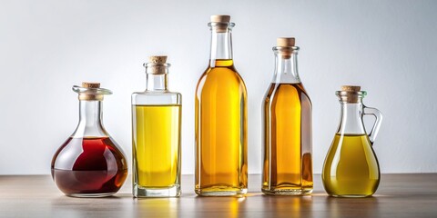 Minimalist composition of oil and vinegar bottles on a white background