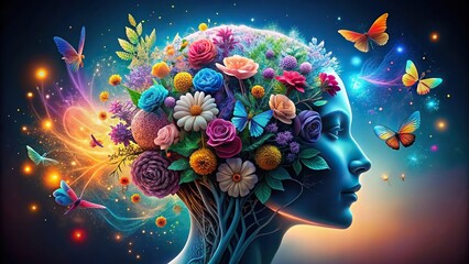 Abstract concept of artificial intelligence creating blooming flowers and butterflies inside a human brain